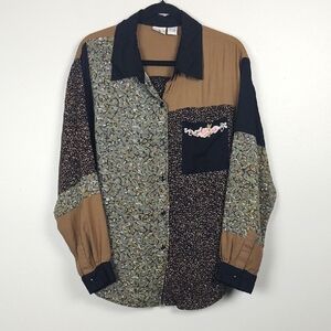 Vintage Button Up Top Mixed Print Patchwork Together Floral Leopard Indie Art 3X